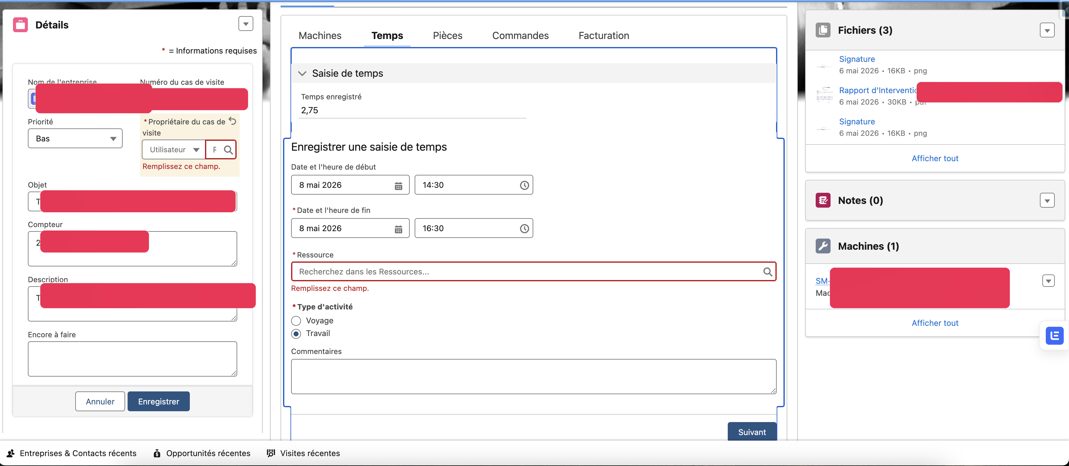 Standard Salesforce visit page with three crowded columns of fields, tabs and panels — many of which the technician never uses.